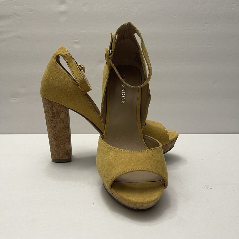 Sun +‎ Stone Reeta Sandals Yellow Suede Cork Platform Block Heel Womens 8.5W